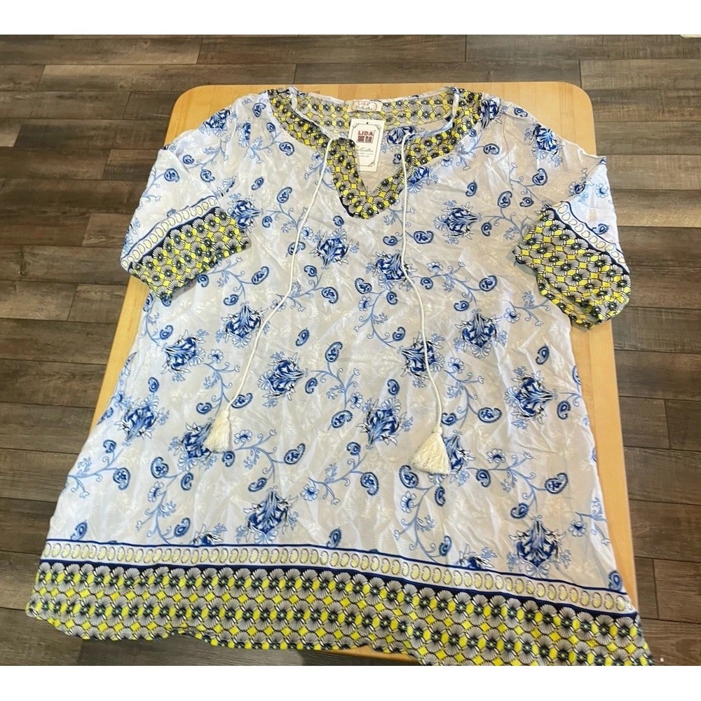 All Over Paisley Blue Print With Contrast Yellow Pattern Tunic Top L Tassels
